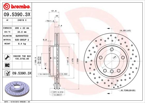 Brembo 09.5390.3X - Тормозной диск unicars.by