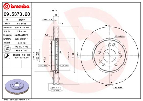 Brembo 09.5373.20 - Тормозной диск unicars.by