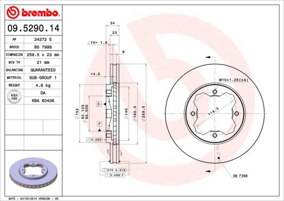 Brembo 09.5290.14 - Тормозной диск unicars.by