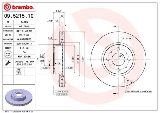 Brembo 09.5215.10 - Тормозной диск unicars.by