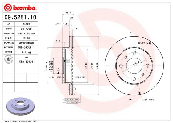 Brembo 09.5281.10 - Тормозной диск unicars.by