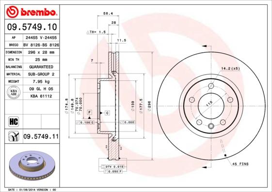 Brembo 09.5749.10 - Тормозной диск unicars.by