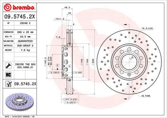 Brembo 09.5745.2X - Тормозной диск unicars.by