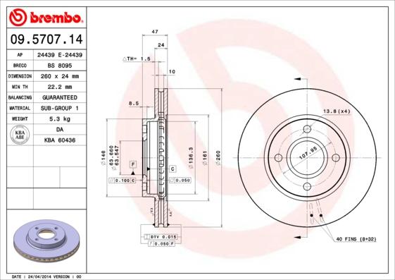 Brembo 09.5707.14 - Тормозной диск unicars.by