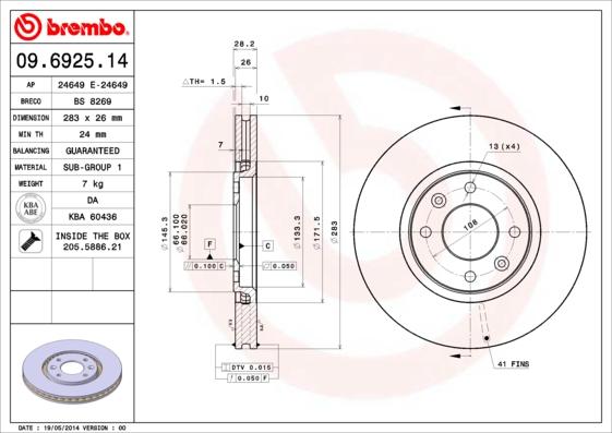 Brembo 09.6925.14 - Тормозной диск unicars.by