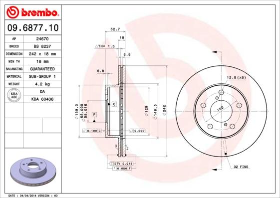 Brembo 09.6877.10 - Тормозной диск unicars.by