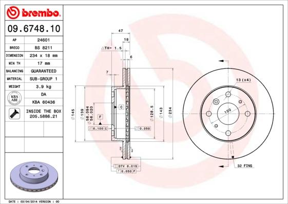 Brembo 09.6748.10 - Тормозной диск unicars.by