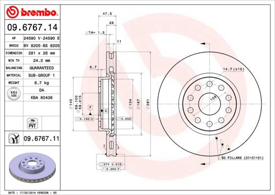 Brembo 09.6767.14 - Тормозной диск unicars.by