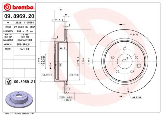 Brembo 09.8969.20 - Тормозной диск unicars.by