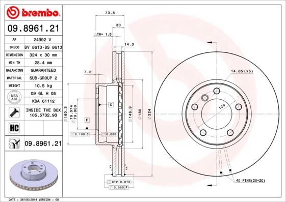 Brembo 09.8961.21 - Тормозной диск unicars.by