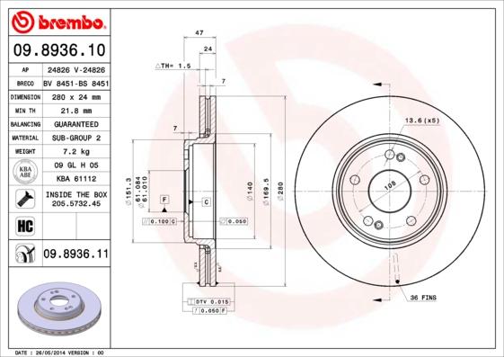 Brembo 09.8936.10 - Тормозной диск unicars.by