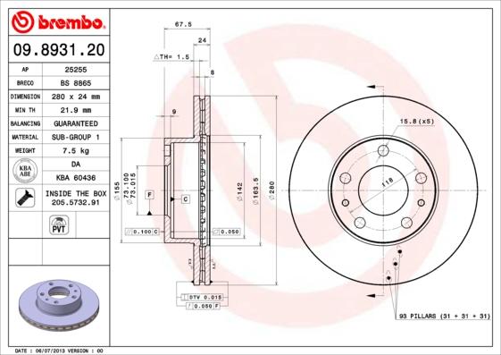 Brembo 09.8931.20 - Тормозной диск unicars.by