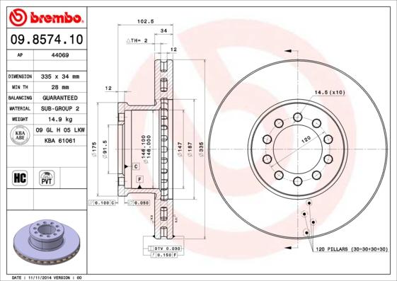 Brembo 09.8574.10 - Тормозной диск unicars.by