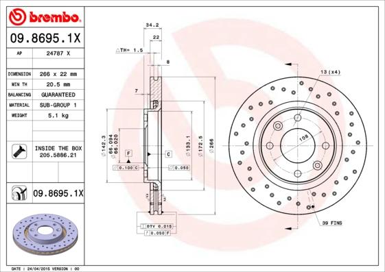 Brembo 09.8695.1X - Тормозной диск unicars.by