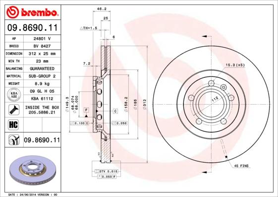 Brembo 09.8690.11 - Тормозной диск unicars.by