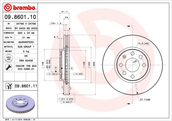 Brembo 09.8601.10 - Тормозной диск unicars.by