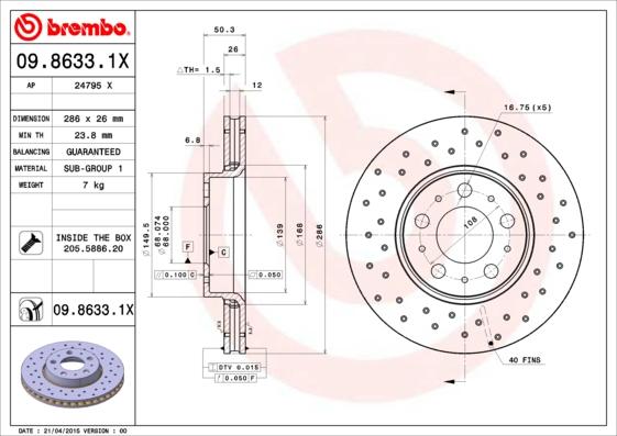 Brembo 09.8633.1X - Тормозной диск unicars.by