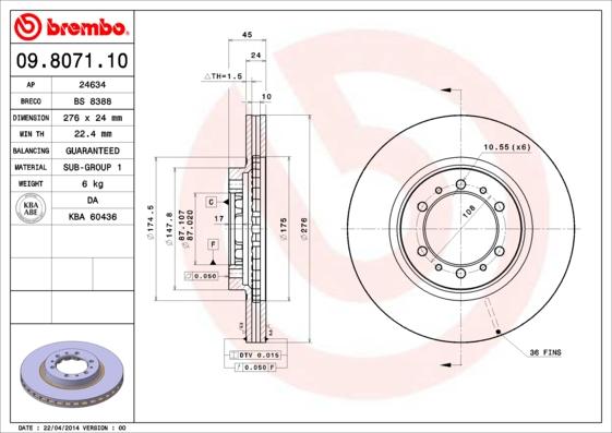 Brembo 09.8071.10 - Тормозной диск unicars.by