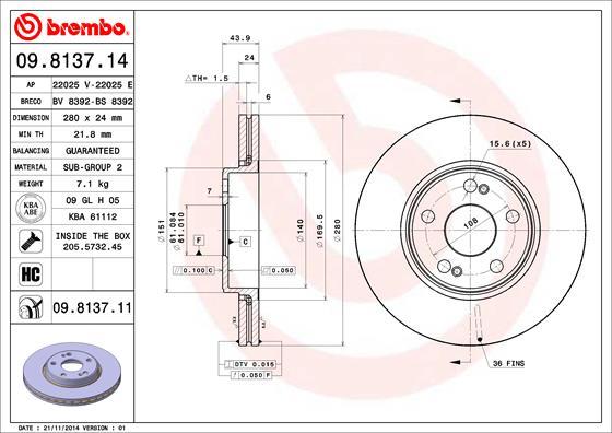 Brembo 09.8137.14 - Тормозной диск unicars.by