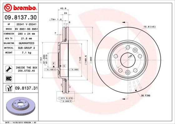 Brembo 09.8137.30 - Тормозной диск unicars.by