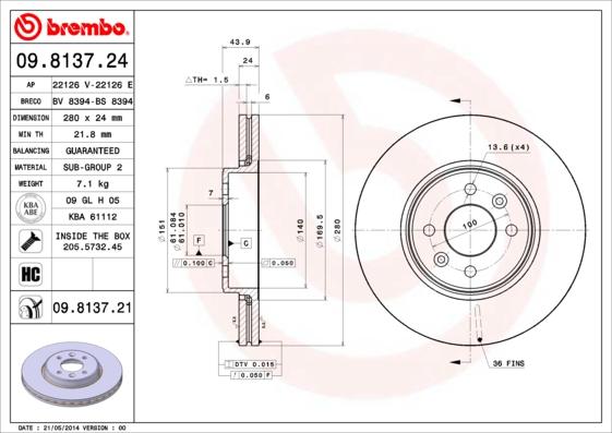 Brembo 09.8137.24 - Тормозной диск unicars.by