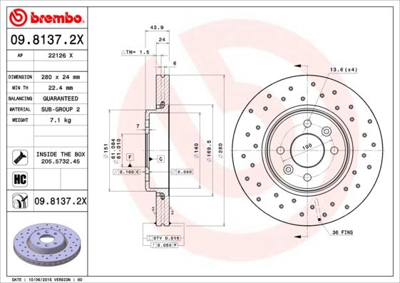 Brembo 09.8137.2X - Тормозной диск unicars.by