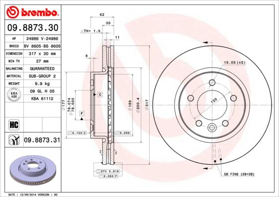 Brembo 09.8873.31 - Тормозной диск unicars.by