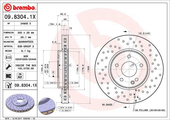 Brembo 09.8304.1X - Тормозной диск unicars.by