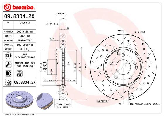 Brembo 09.8304.2X - Тормозной диск unicars.by