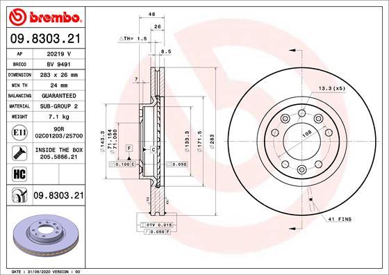 Brembo 09.8303.21 - Тормозной диск unicars.by