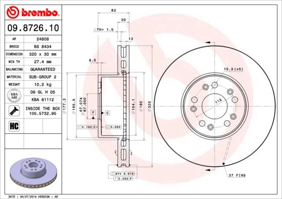 Brembo 09.8726.10 - Тормозной диск unicars.by