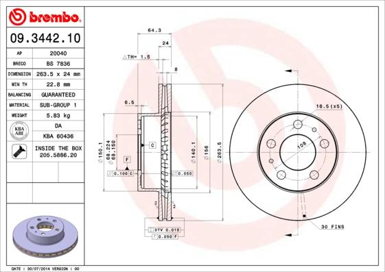 Brembo 09.3442.10 - Тормозной диск unicars.by