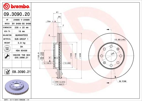 Brembo 09.3090.20 - Тормозной диск unicars.by