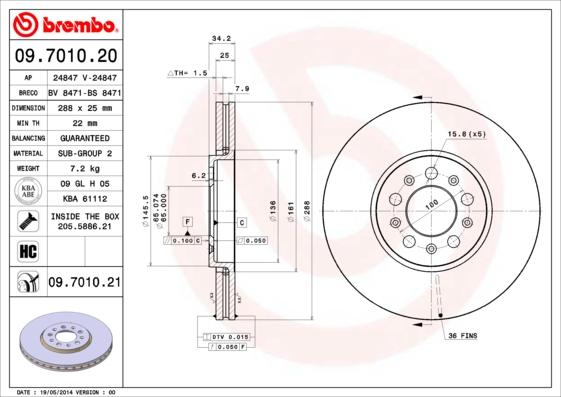 Brembo 09.7010.20 - Тормозной диск unicars.by