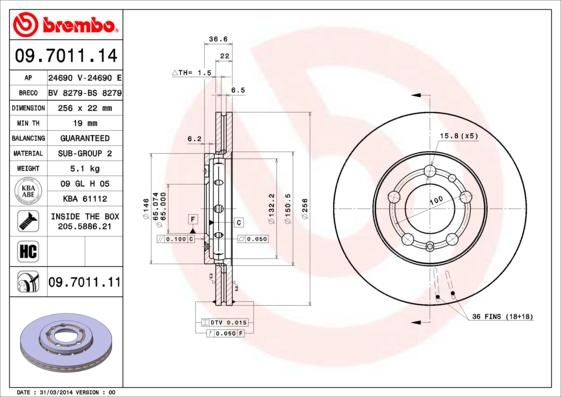 Brembo 09.7011.11 - Тормозной диск unicars.by