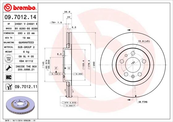 Brembo 09.7012.11 - Тормозной диск unicars.by