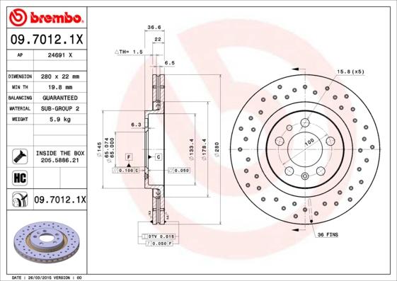 Brembo 09.7012.1X - Тормозной диск unicars.by