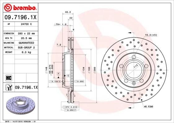 Brembo 09.7196.1X - Тормозной диск unicars.by