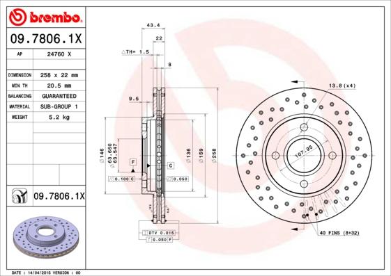 Brembo 09.7806.1X - Тормозной диск unicars.by