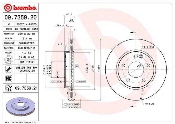 Brembo 09.7359.20 - Тормозной диск unicars.by