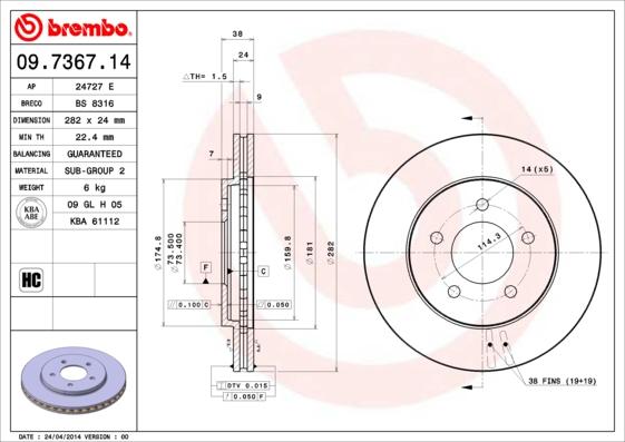 Brembo 09.7367.14 - Тормозной диск unicars.by