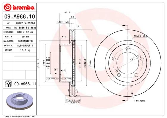 Brembo 09.A966.11 - Тормозной диск unicars.by