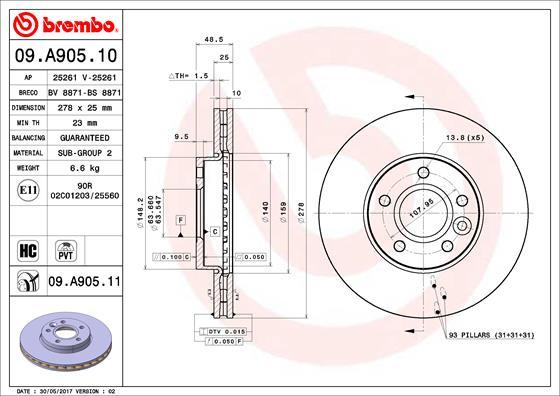 Brembo 09.A905.11 - Тормозной диск unicars.by