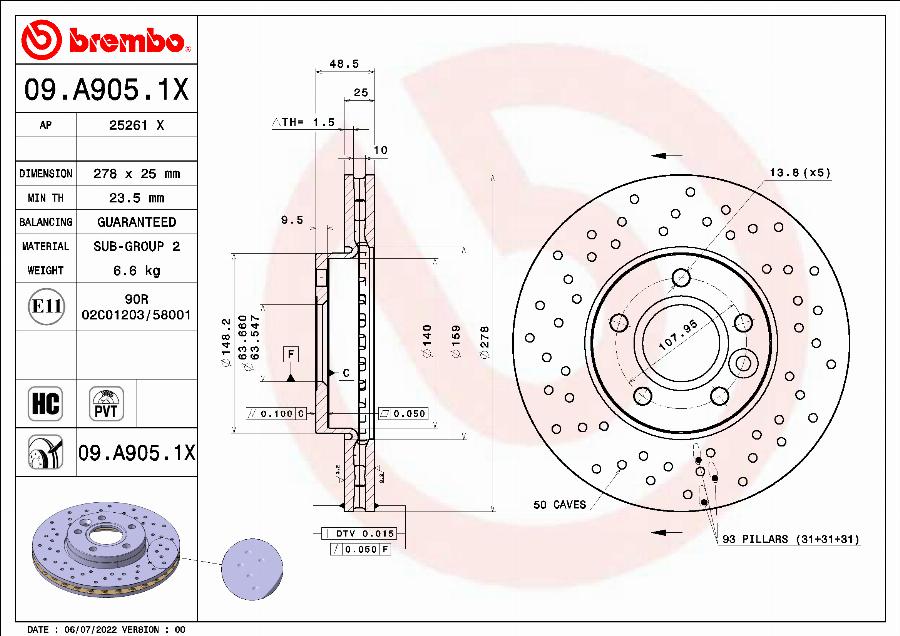 Brembo 09.A905.1X - Тормозной диск unicars.by