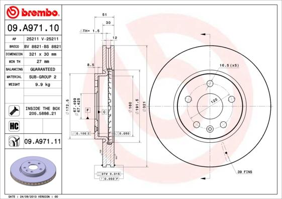 Brembo 09.A971.10 - Тормозной диск unicars.by