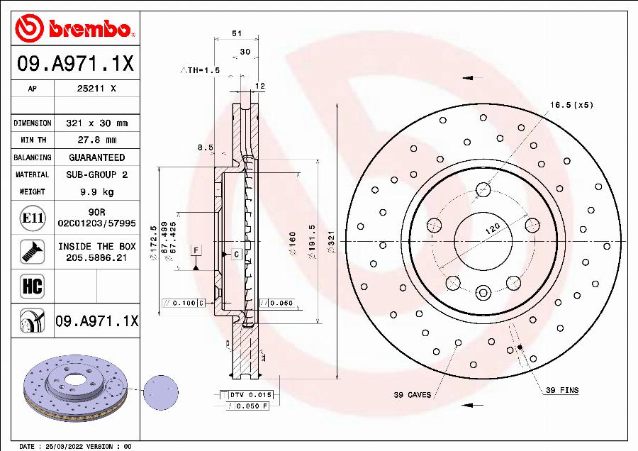 Brembo 09.A971.1X - Тормозной диск unicars.by