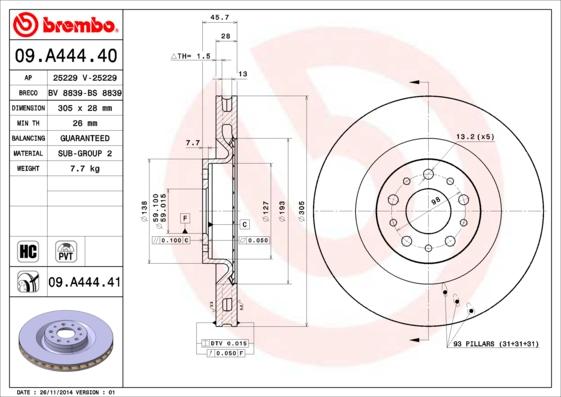 Brembo 09.A444.41 - Тормозной диск unicars.by