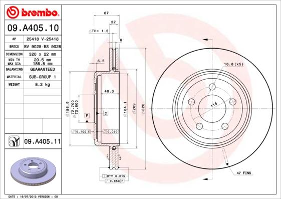 Brembo 09.A405.11 - Тормозной диск unicars.by