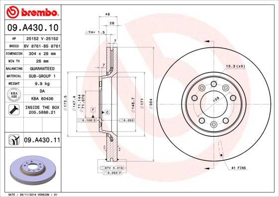 Brembo 09.A430.10 - Тормозной диск unicars.by