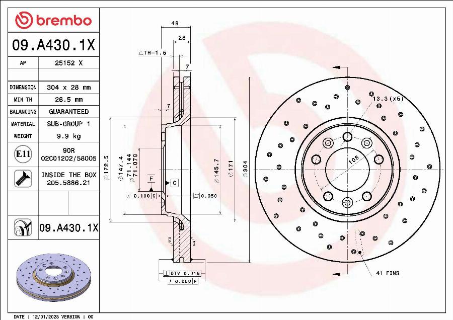 Brembo 09.A430.1X - Тормозной диск unicars.by